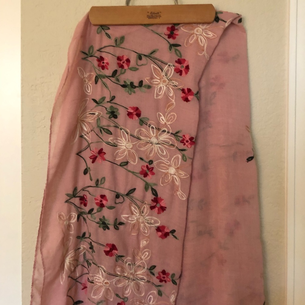Pink Floral Embroidered Scarf